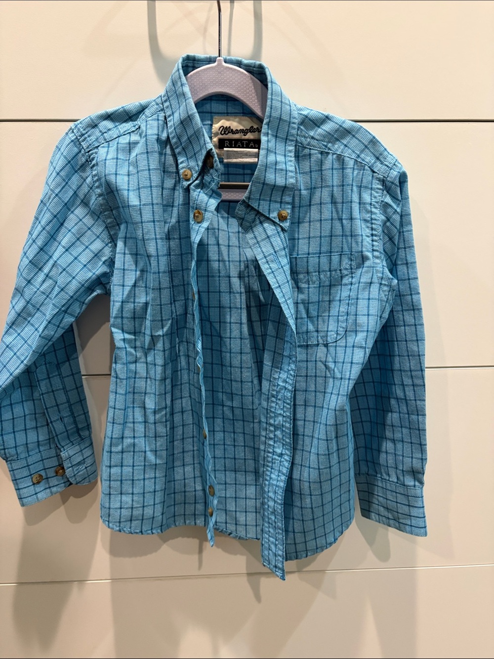 Wrangler Boys' Aqua Blue Plaid Button-Down Shirt